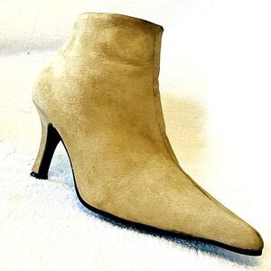 Manfield UK Suede Ankle Boots Pointy High Heel Zip Tan 6.5 Womens Preppy Hippie